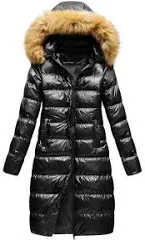 CREATMO US Women's Long Winter Faux Fur Coat Puffer Warm Jacket with Detachable Hood