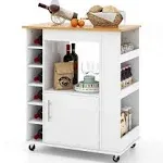 Kitchen Cart On Wheels with Bamboo Top and 6-Bottle Wine Rack-White - Color: Whi