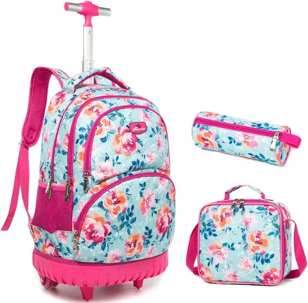 Rolling Backpack 18 inch Wheeled Kids Backpack with Lunch Bag and 18” Rose Red