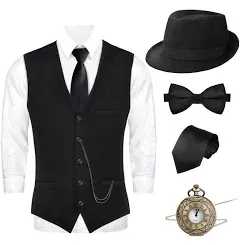 1920s Mens Costume-Roaring 20s Costumes for Men Great Gatsby Vest Fedora Hat Pocket Watch Bow Tie and Tie