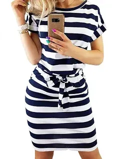 PRETTYGARDEN Women's Summer Short Sleeve Crewneck Striped Dress Basic Solid Tie Waist Office T Shirt Dresses Pockets