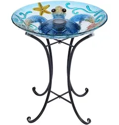 Glass Bird Bath Weatherproof Outdoors Solar Bird Feeder Metal Stand Garden Blue