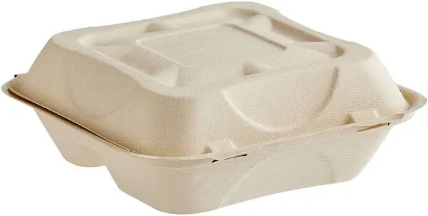 World Centric 9" x 9" x 3" 3-Compartment Compostable PLA Lined Fiber Clamshell Container - 300/Case