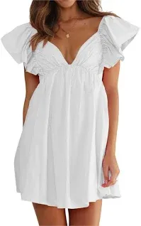 Women's Butterfly Flounce Sleeve Bow Tie Back Mini Babydoll Dress