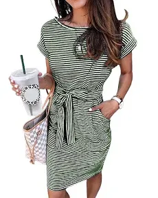 PRETTYGARDEN Women's Summer Short Sleeve Crewneck Striped Dress Basic Solid Tie Waist Office T Shirt Dresses Pockets