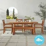 Walker Edison Delray Classic 7 Piece Acacia Wood Outdoor Dining Set with X Back Chairs, Set of 7, Brown