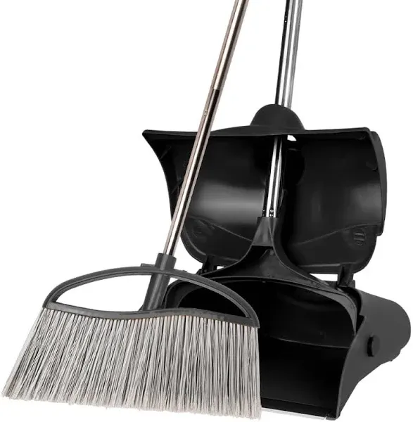 Long Handle Heavy Duty Broom and Dustpan Set, Outdoor and Commercial Upright Dustpan and Brush for Restaurant Garage Garden Yard Office,Black