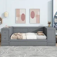 Twin Size Daybed with Trundle Storage Arms Charging Station Wood Frame Sofa Bed