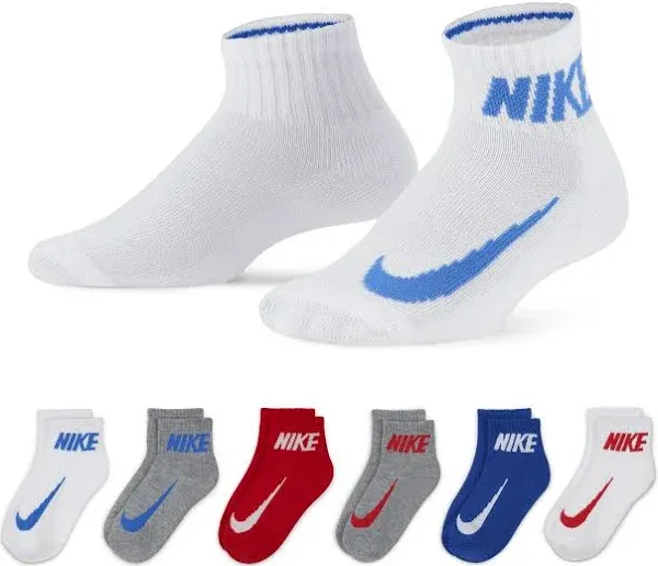 NIKE Boys Socks Ankle Cushioned Athletic Kids Low Cut 6 Pack Shoe Size 7C-10C 