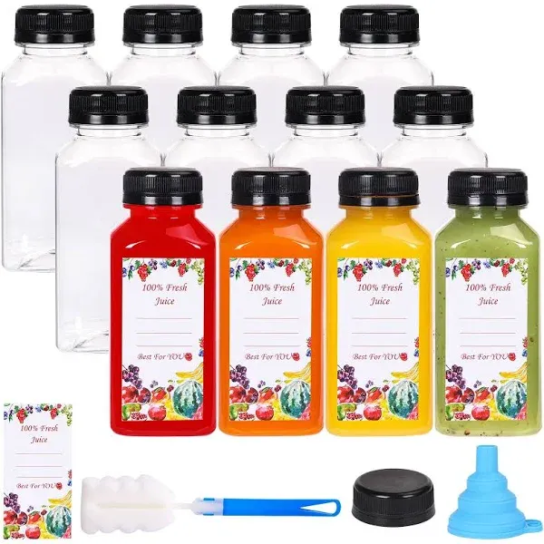 SUPERLELE 12pcs 8oz Plastic Juice Bottles with Black Tamper Evident Caps, Reusable Clear Juice Containers with Labels, Funnel and Brush for Juicing, Smoothie, Milk