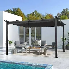 HAPPATIO 10' X 13' Outdoor Pergola Retractable Pergola Canopy for Deck, Backyard, Patio, Aluminum Pergola with Sun and Rain-Proof Canopy, Includes Ground Studs and Expansion Screws (Brown)