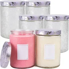 17.3oz Embossed Glass Candle Container with Tin Lid and Labels - Pack of 6 Clear