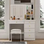 Homsee Vanity Desk Set Makeup Table with Large Sliding Lighted Mirror & Glass Top, Modern Dressing Table with Drawers, Storage Shelves & Stool for Bedroom, White