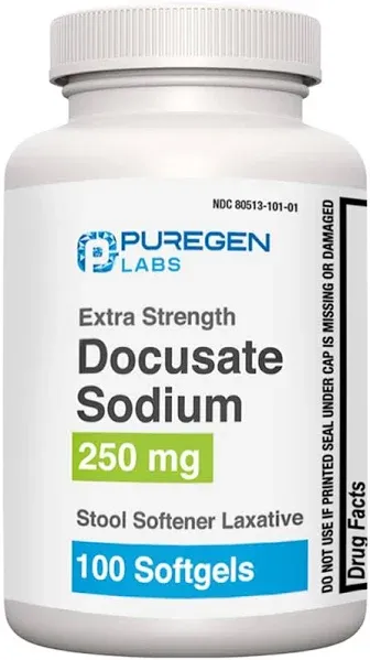 Puregen Labs Docusate Sodium 250mg Stool Softener Laxative 100 Softgels