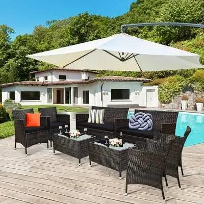 Patio 8PCS Rattan Furniture Conversation Set Cushion Sofa Table Garden Navy