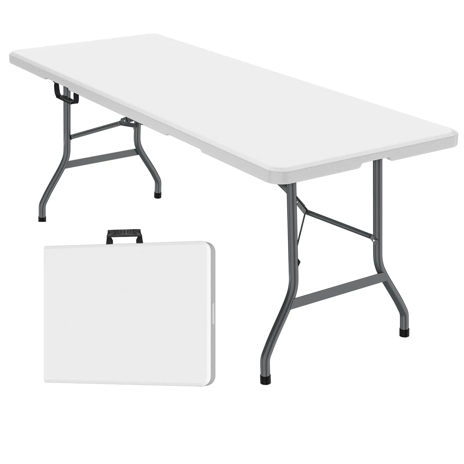 VINGLI 6 Foot Plastic Folding Table Portable Long Table for Indoor Outdoor Use Rectangular with Carrying Handle, Smooth HDPE Tabletop, White