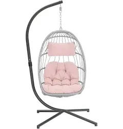 Yechen Egg Hanging Chair with Stand, Patio Wicker Swing Chair Hammock with UV Resistant Cushion, Pink