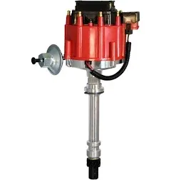 Pertronix D1061 Flame-Thrower HEI Distributor Chevy SB/BB with adjustable vacuum advance canister high dielectric strength red cap and rotor with brass terminals, Black