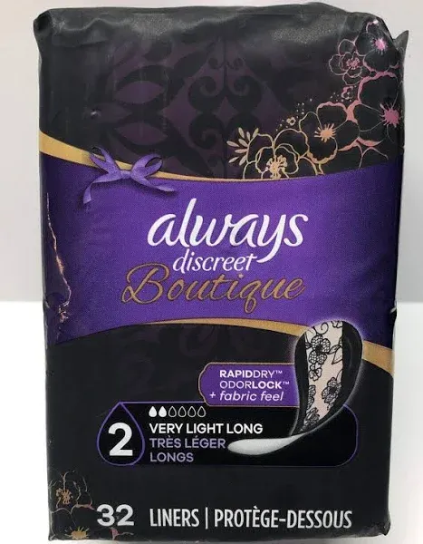 Always Discreet Boutique Incontinence Liners, Size 2, Very Light, Long, 32 Liners