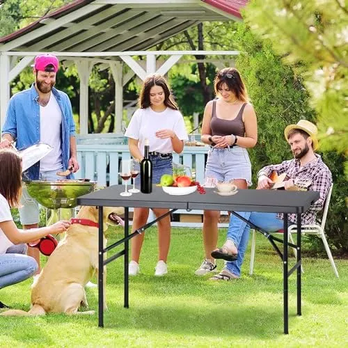 ZENY 4ft Portable Folding Table Plastic Indoor Outdoor Picnic Party Camp Dining Table with Handle, Black