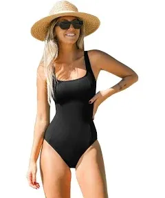 Women&#039;s Square Neck Slim &amp; Sculpt One Piece Swimsuit - Cupshe-M-Black