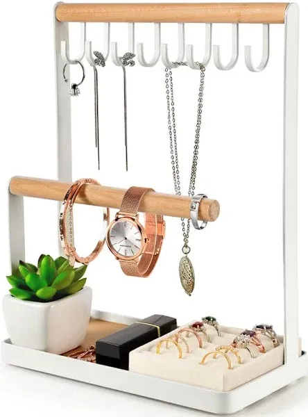 PAMANO Jewelry Stand Organizer with Velvet Ring Holder, 3-Tier Necklace Hanging Wooden Ring Storage Earring Tray, 8 Hooks Bracelets,Rings & Watches Display On Desk Tabletop - White