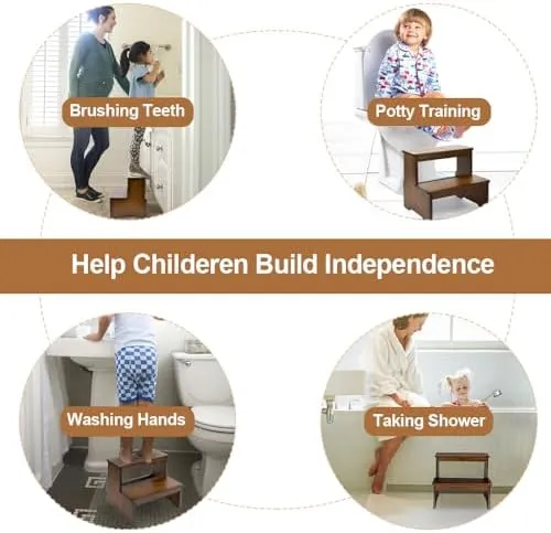 Bamboo Two Step Stool for Adults and Kids,Bed Stepstool with Anti-Slip Bottom