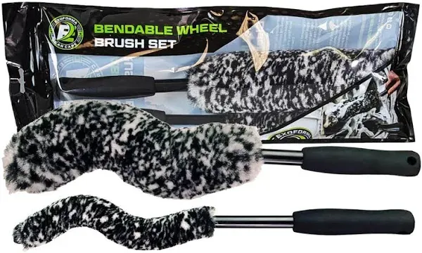 ExoForma Bendable Brush Set - Unique Adjustable 2-Piece Wheel Brush Set Cleans Behind Wheels - Tough Yet Gentle Wool Fiber + No-Scratch Rubber Tip Safe for All Wheel Types - Comfy Ergonomic Grip