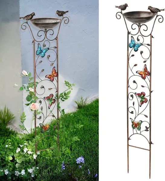 SUNNYPARK Antique Garden Iron Trellis with Decorative Hummingbirds and Detachable Bird Bath Bowl