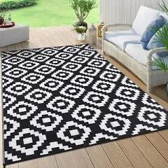 Plastic Straw Rug 9x12 Large Outdoor Patio Rugs 9 x 12 FT Diamond Grey&amp;white