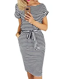 PRETTYGARDEN Women's Summer Short Sleeve Crewneck Striped Dress Basic Solid Tie Waist Office T Shirt Dresses Pockets