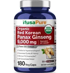 USDA Organic Non-GMO Extract 20:1 Korean Panax Ginseng 180 Veggie Caps