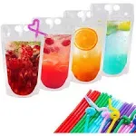 100 Pcs Plastic Drink Pouches for Drinks with Straws Hand-Held Juice Bags Reusable Zipper Clear Drink Bags Smoothie Heavy Duty Juice Pouches for