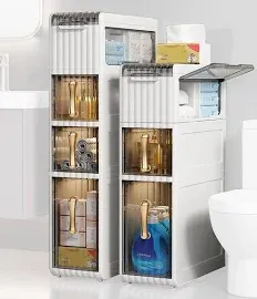 Bathroom Plastic Floor Cabinet with Drawers and Casters LargeCapacity Narrow 