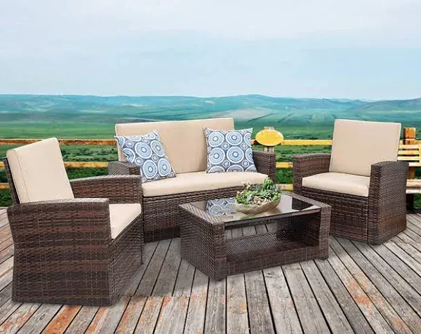 FDW Patio Furniture Sets 4 Piece Rattan Chair Patio Sofas Wicker Sectional Sofa Outdoor Conversation (Brown and Tan)