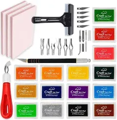 Printmaking Supplies Starter Kit by Pixiss - 3x Stamp pad, 15x Ink Pads for Rubber Stamps, Hobby Knife Pen with 6 Blades, Stamp Carving Tool -