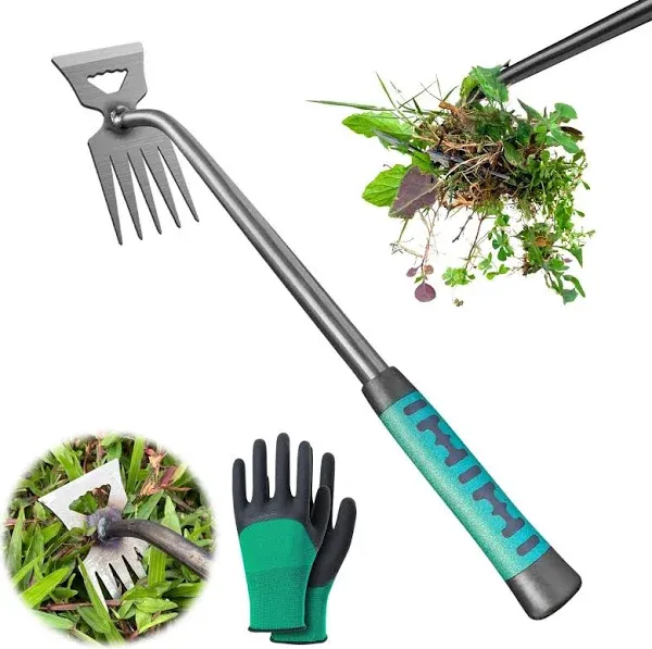 Gardening Hand Weeder Tool, 2024 Upgraded Long Handle Weed Puller, Durable Manganese Steel Weeding Claw, Effective Uprooting Tool for Yard and Garden - Includes Gardening Gloves (5 Tines)