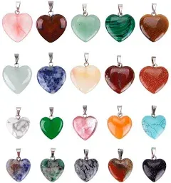 Keyzone 20 Pieces Heart Shaped Stone Pendants Charms Crystal Chakra Beads for DIY Necklace Jewelry Making, 2 Sizes, Assorted Color