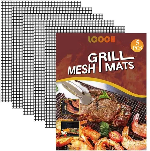 LOOCH BBQ Mesh Grill Mat Set of 5 - Heavy Duty Nonstick Mesh Grilling Mats & Barbecue Accessories - Reusable and Easy to Clean - Works on Gas, Charcoal, Electric Grill and More - 15.75 x 13 Inch