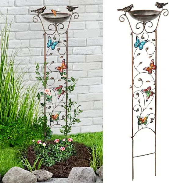 LEWIS&WAYNE Garden Trellis Bird Bath Outdoor, 40 Inch Antique Iron Garden Plant Trellis Decorative with Floral-Butterflies and Detachable Drinking Basin Bowl, Free Standing BirdBath Birdfeeder Station