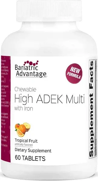 Bariatric Advantage Chewable High ADEK with Iron - for Bariatric Patients - High Potency Vitamin A, D, E & K - Includes B-Vitamins - Chewable Multivitamins - Tropical Fruit - 60 Tablets