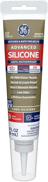 GE Advanced Silicone Caulk for Kitchen &amp; Bathroom - 100% Waterproof Silicone ...