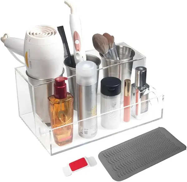 A & R Hair Tool Organizer, Clear Acrylic Blow Dryer Holder, Hair Dryer Organizer for Countertop, Bathroom & Vanity with 3 Heatproof Steel Cups