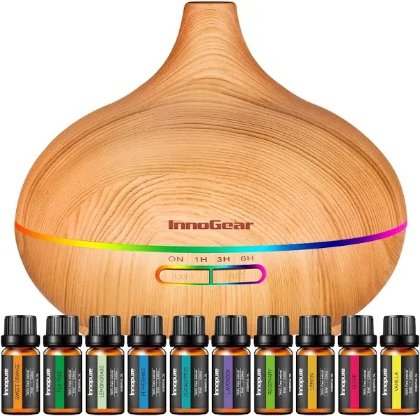 InnoGear Aromatherapy Diffuser & 10 Essential Oils Set, 400ml Diffuser Ultrasonic Diffuser Cool Mist Humidifier with 4 Timers 7 Colors Light Waterless Auto Off for Large Room Office, Dark Wood Grain