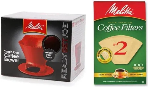 Melitta Pour Over Coffee Cone Brewer &amp; #2 Filter Natural Brown Combo Set, Black