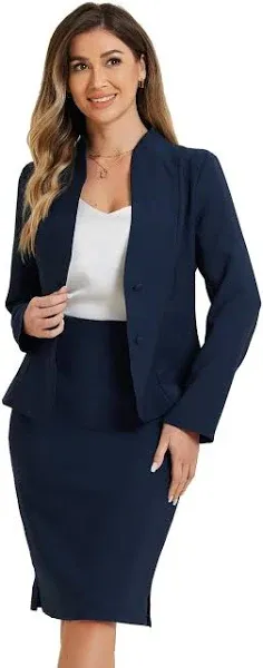 Allegra K Women's Collarless Blazer and Formal Pencil Skirt Business Suit Set 2 Pcs