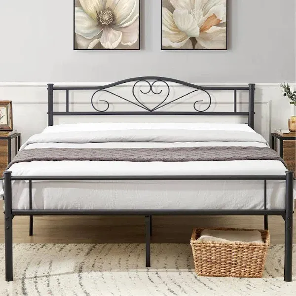 VECELO Metal Platform Bed Frame with Headboard & Footboard, Steel Slats Mattress Foundation, No Box Spring Needed, Queen, Matte Black