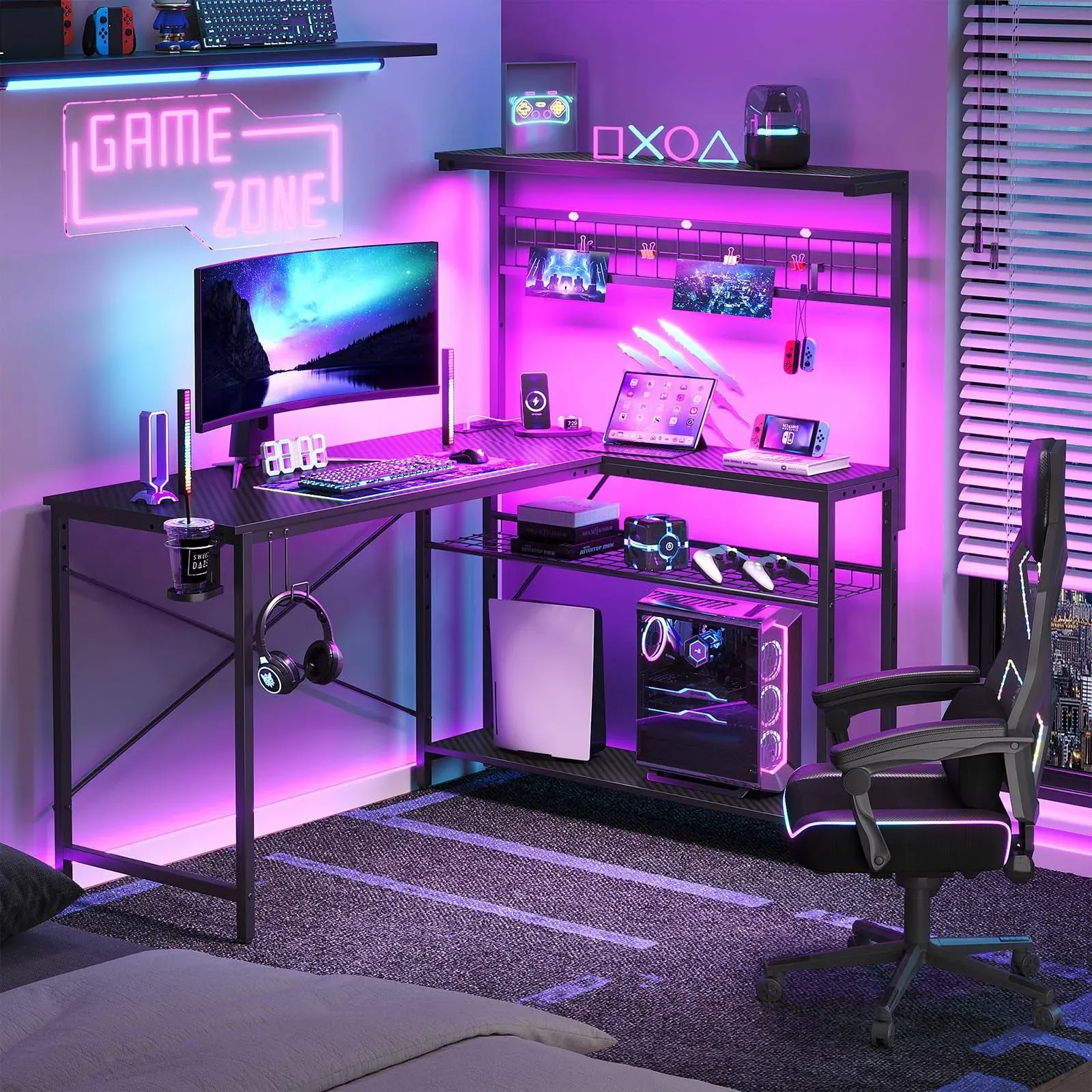 Bestier L Shaped Gaming Desk with Power Outlets, 51 inch Large LED Computer Desk Reversible Corner Desk with 4 Tiers Storage Shelves, Gamer Desk with