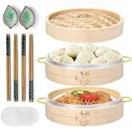 MacaRio Bamboo Steamer Basket Set 10 inch Steamer for Cooking, with Side Handles Chopsticks Ceramic Sauce Dishes Paper Liners, for Dim Sum Dumplings Buns Seafoods Rice Asian Foods