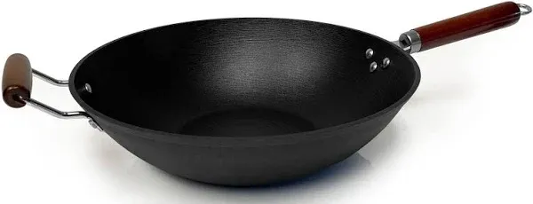 Light Weight Cast Iron Wok, Stir Fry Pan, Wooden Handle, 14 Inch, Nonstick